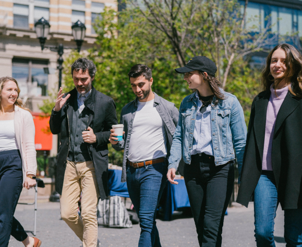 group of people walking outside