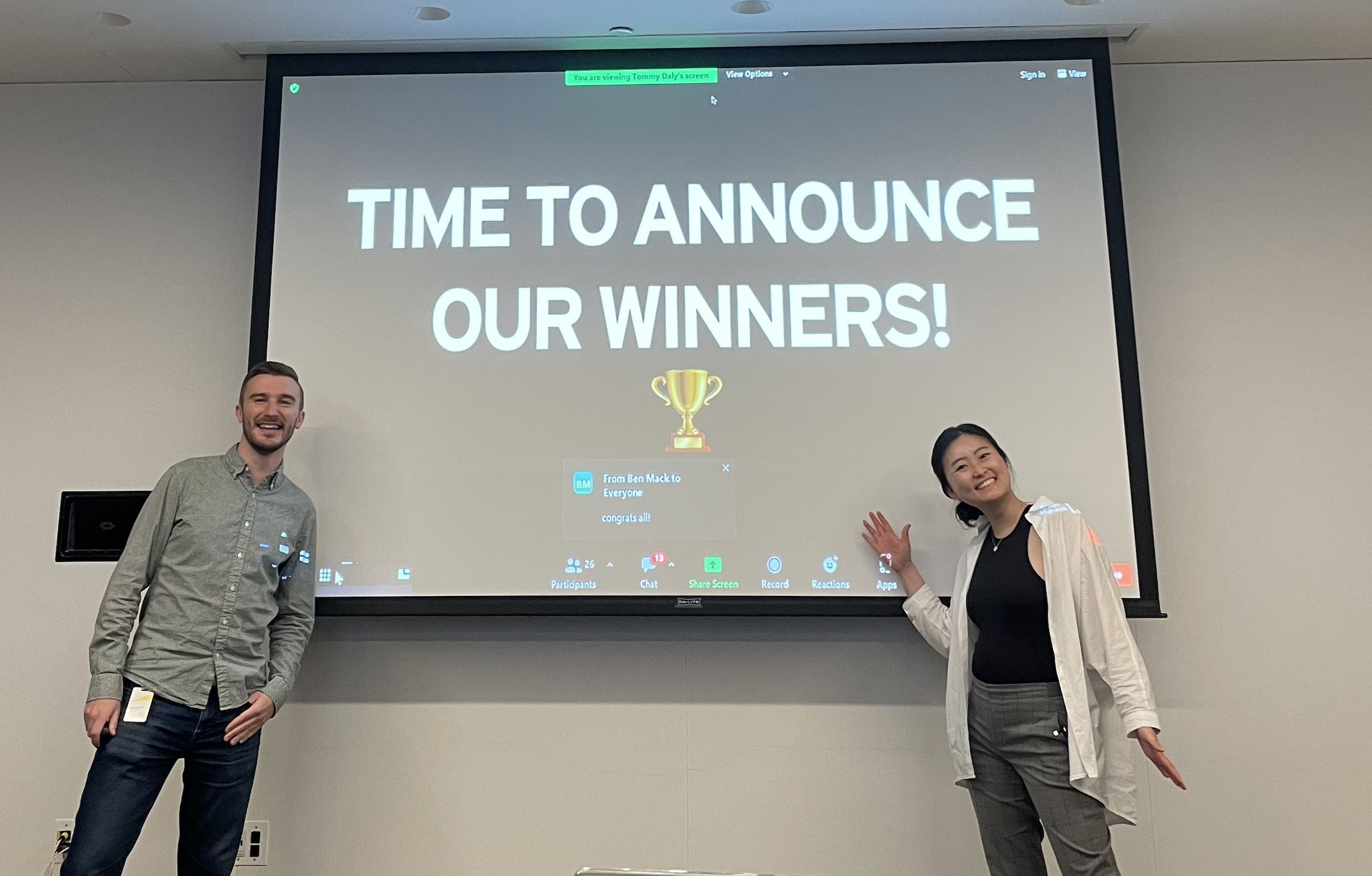 Challenge Co-Chairs Tommy Daly and Hope Hahn announcing winners at the finale! 